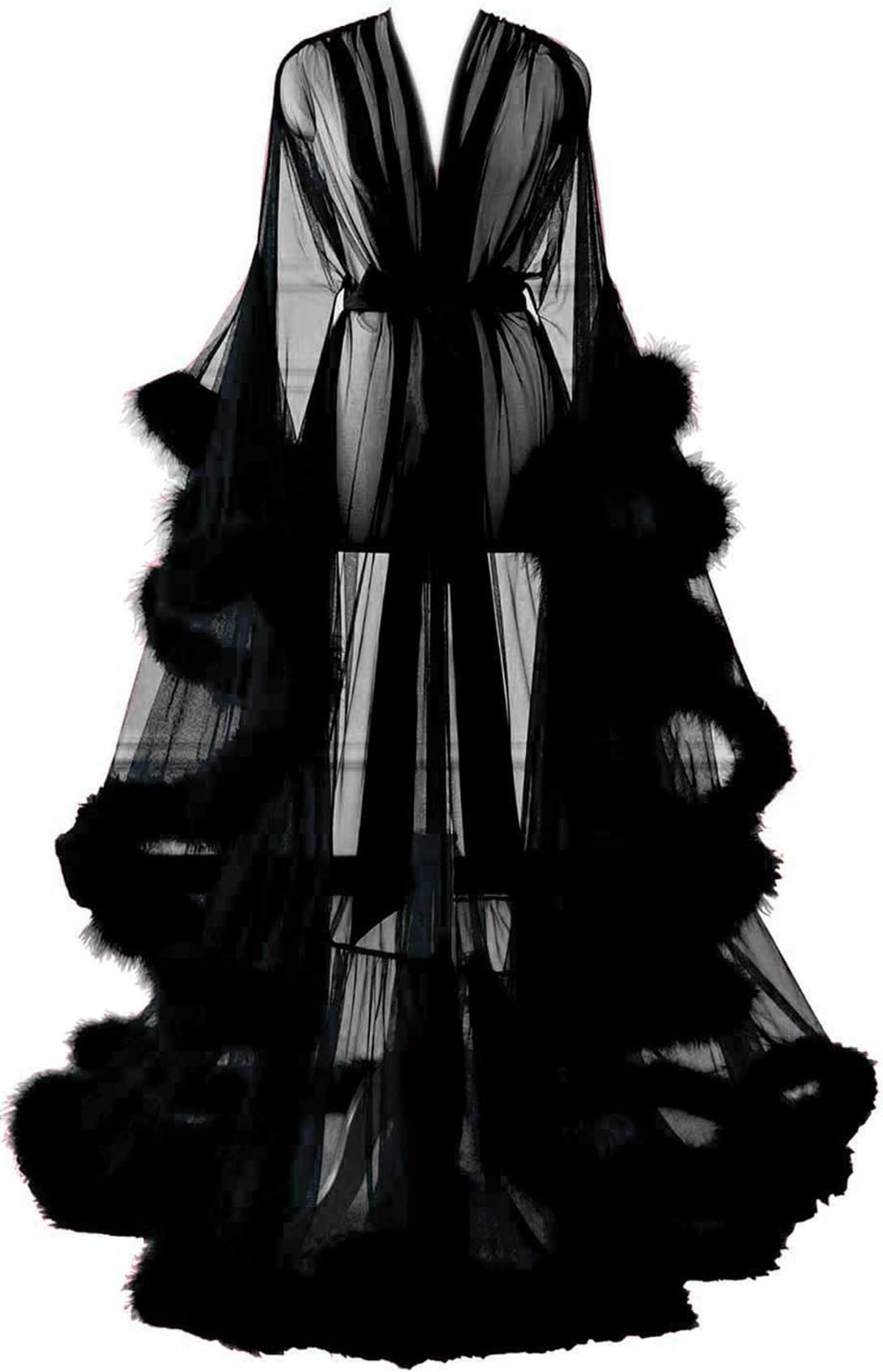 Sexy Feather Robe Long Fur Tulle Robe Sheer Lingerie Maternity Photoshoot Dress Sleepwear Nightgown Bathrobe