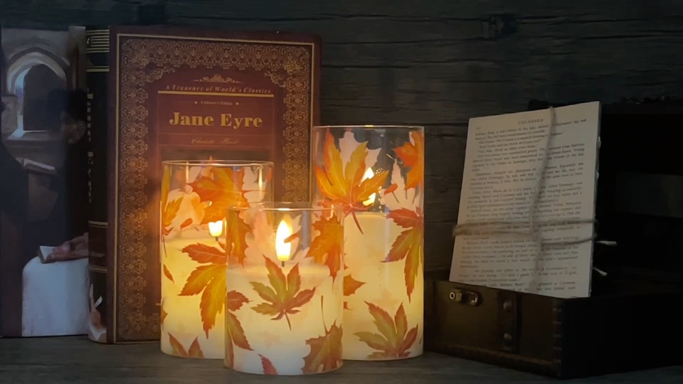 Image of GenSwin Glass Maple Leaf Flameless Candles with Remote Timers, Battery Operated LED Flickering Candles, Real Wax Pillar Candles Christmas Wedding Decoration