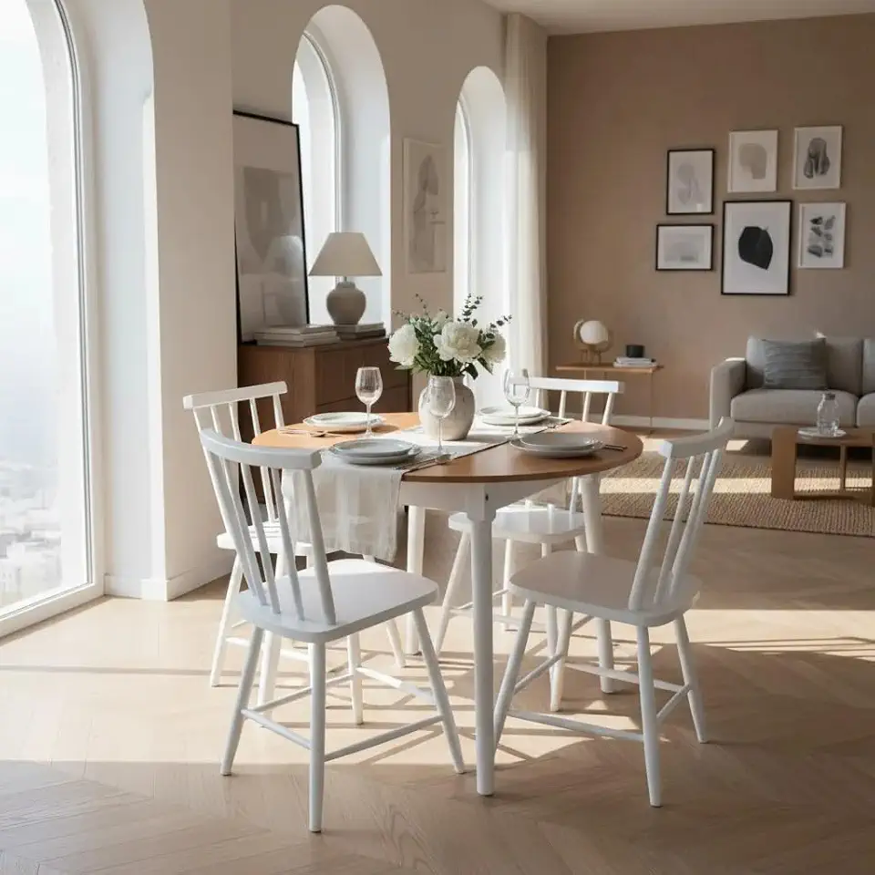 Jogo De Jantar Colonial Brisa Mesa Redonda 90cm com 04 Cadeiras Brancas em Madeira de Eucalipto, Tampo Mel, Base Branca