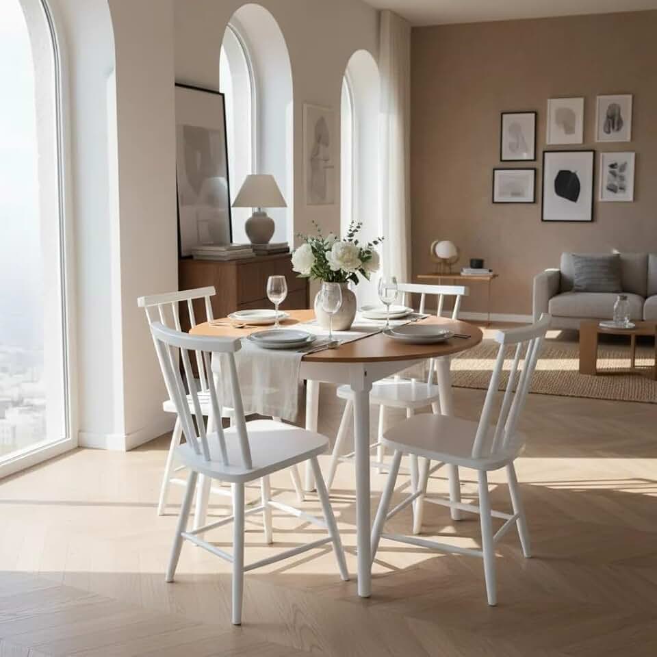 Jogo De Jantar Colonial Brisa Mesa Redonda 90cm com 04 Cadeiras Brancas em Madeira de Eucalipto, Tampo Mel, Base Branca