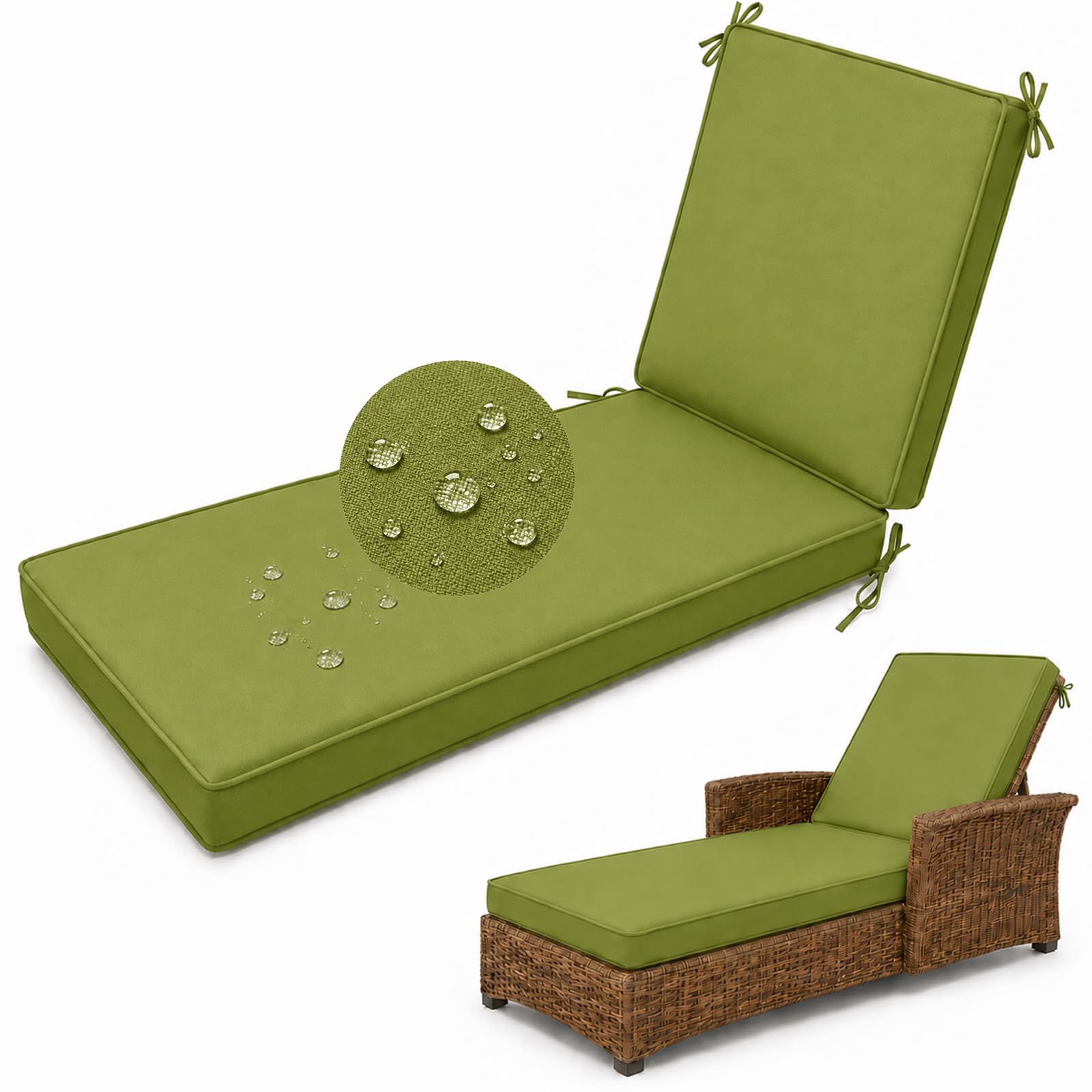 Waterproof Sun Lounger Cushion, Garden Sunbed Recliner Pad, Tender Green