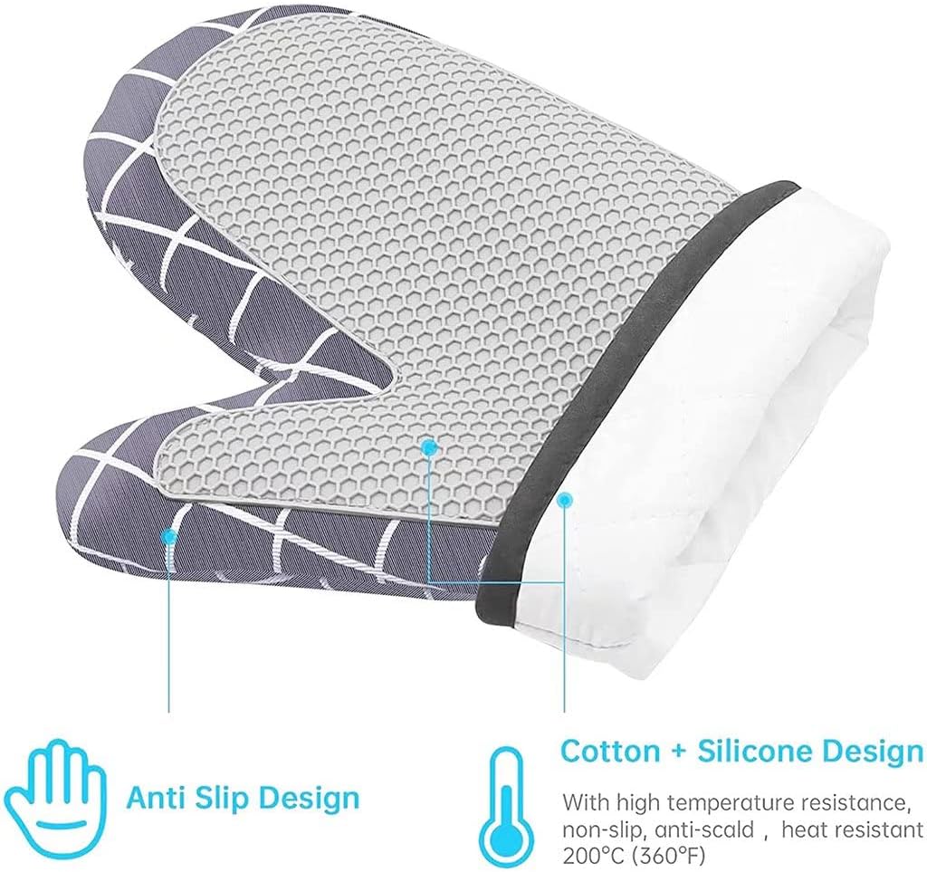 Oven Gloves, Silicone Oven Gloves, Cotton Lining and Non-Slip Surface, Square Stitched Heat Resistant Gloves for Kitchen, Baking, Grilling（Gray）