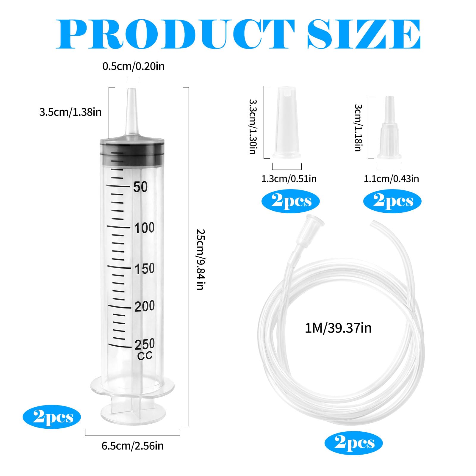 2 szt. Duża Strzykawka 250 ml, Strzykawka Bez Igły z Wąż do Laboratoriów | Plastikowy Wielokrotnego, Włączać 2 x 1 m wąż i Adapter, do Laboratoriów, Nauki, Przemysłu, Nawadniania i Pomiaru Cieczy