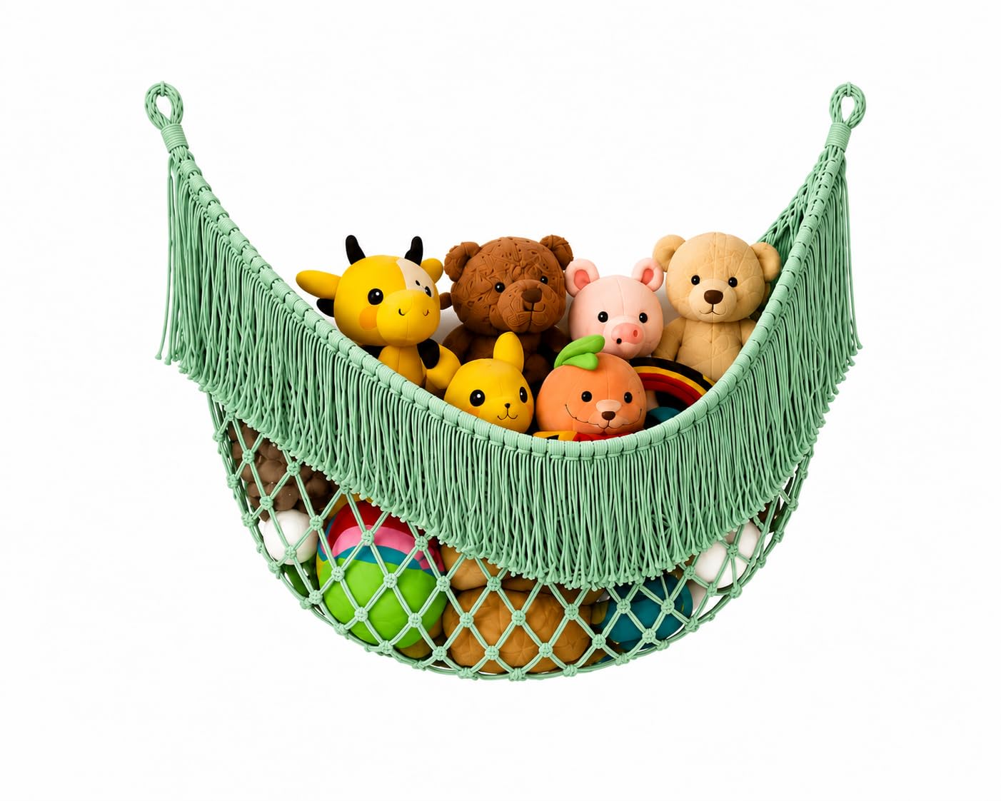 Macrame Toy Hammock (Green) | Boho Fringe Design, Wall Mounted, Kids Room Organiser, Cotton Rope Net, Corner Storage-image-15