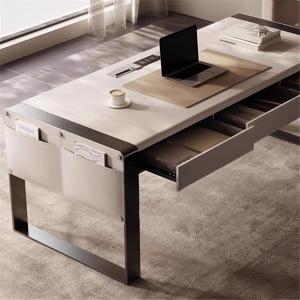 Scrivania per PC Scrivania di lusso for PC portatile con prese corrente e porta USB, moderna scrivania in pelle borsa portaoggetti(S)