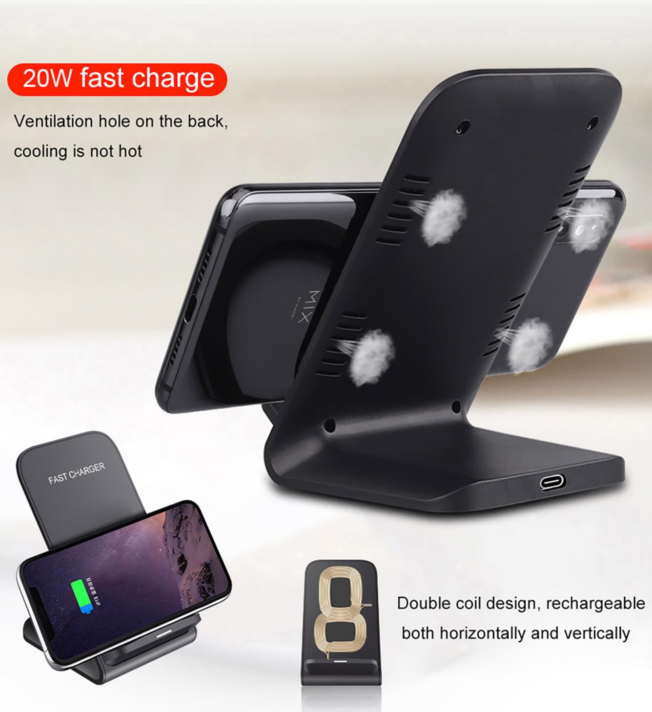 Paquete de 2 soportes de carga inalámbrica de 20 W para Samsung, soporte de carga inalámbrica rápida para Apple iPhone, Samsung Galaxy S22/S21/S20, para Google Pixel, para LG y todos los dispositivos