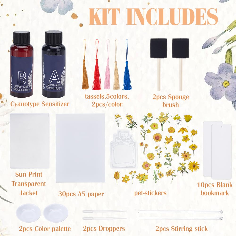 WEBEEDY Kit di 30 fogli di carta cianotipo con fiori cianotipi ad alta sensibilità, formato A5, kit completo con nappa, segnalibro, carta da disegno ad attivazione solare, per adulti, progetti fai da