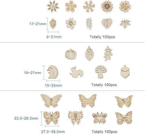 Miniatura 3 de Elecrelive - 300 piezas de recortes de madera sin acabar, hojas de flores, mariposas, pequeñas piezas de madera en blanco, adornos colgantes para