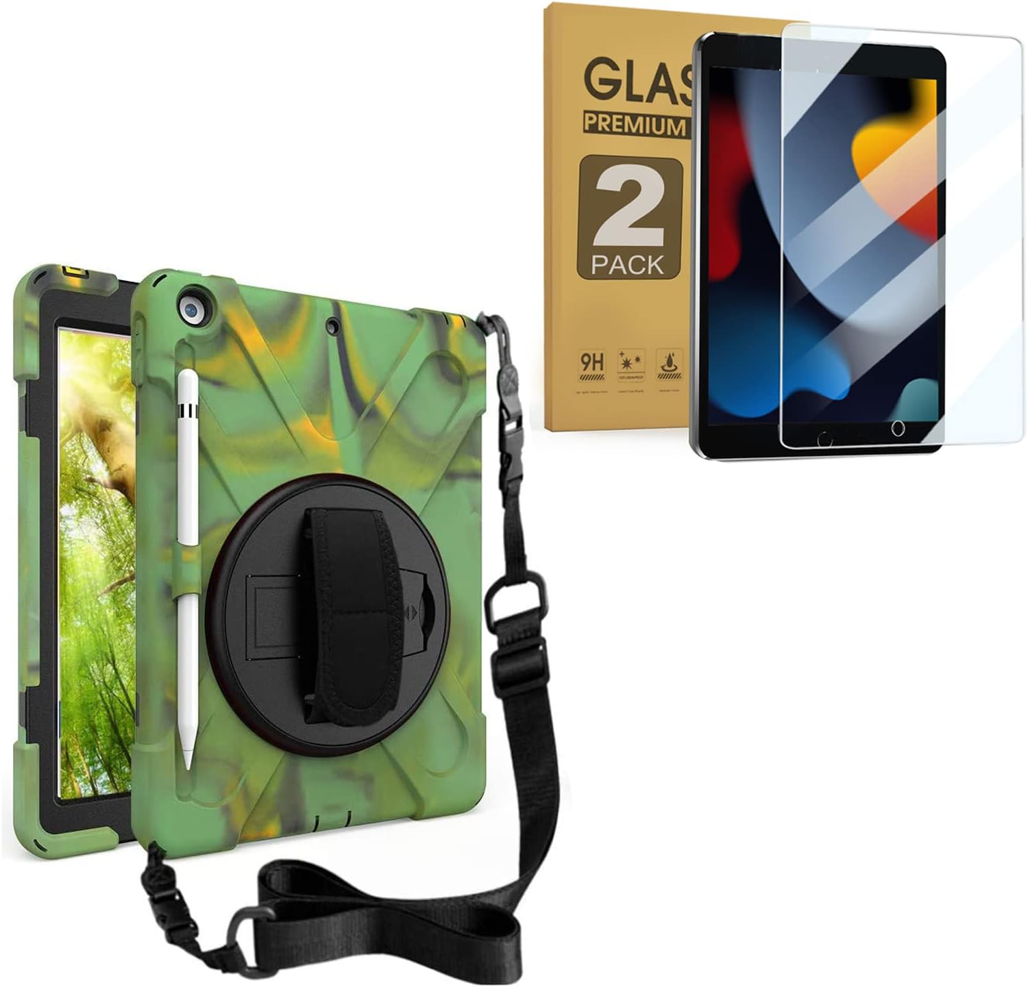 zenrich iPad 10.2 inch Rugged Case Camouflage and 2 Pack Anti Blue Light Tempered Glass Screen Ptotector(iPad 9th/8th/7th Generation)