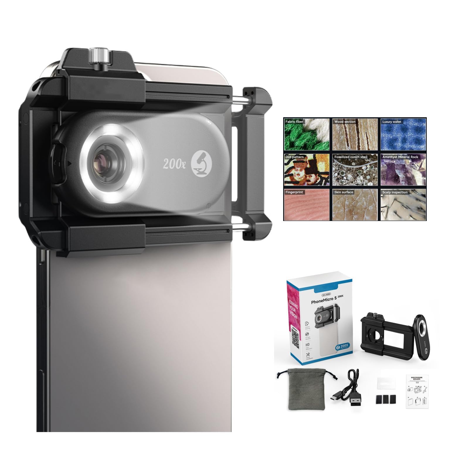 Lente de microscopio para teléfono 200X, accesorio cámara macro de bolsillo con luz LED 7