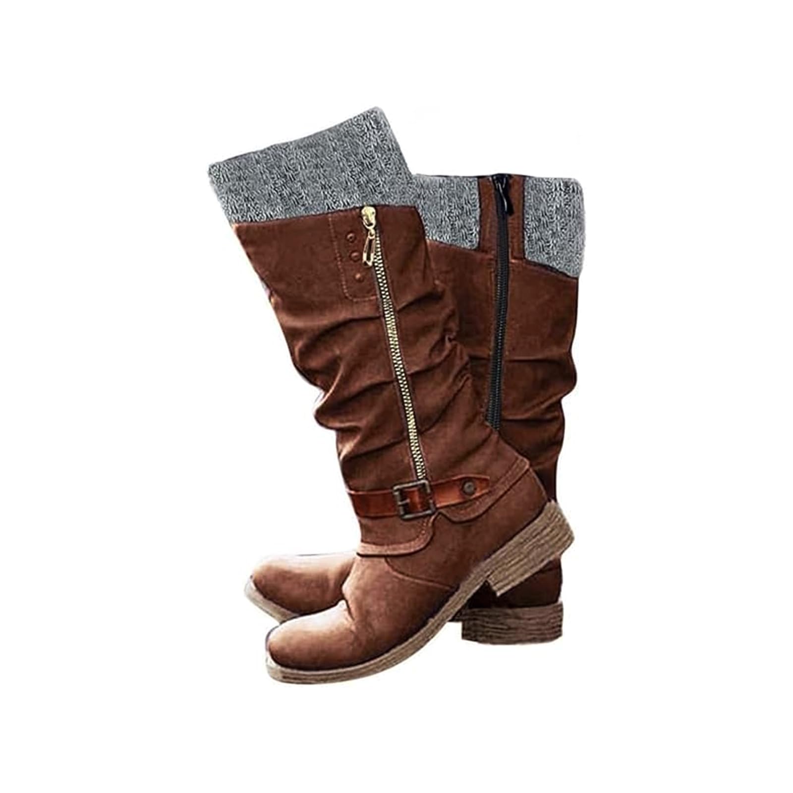 Knee High Boots for Women Chunky Heel Round Toe Comfortable Walking Hiking Booties Outdoor Shoes Mid Calf Flats