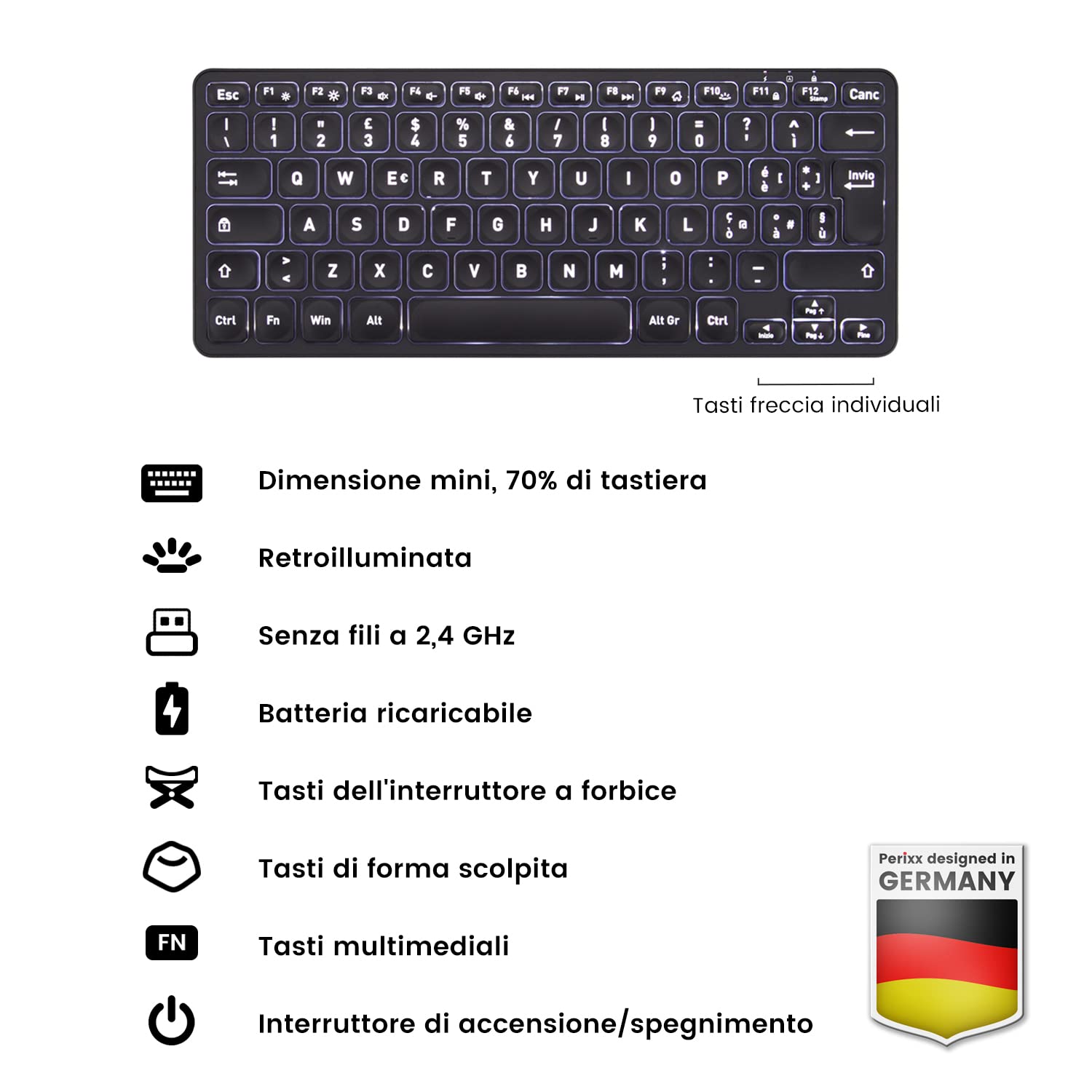 Perixx PERIBOARD-732B bezprzewodowa podświetlana mini klawiatura - akumulator - klawisze nożycowe typu X - białe podświetlenie - włoski układ