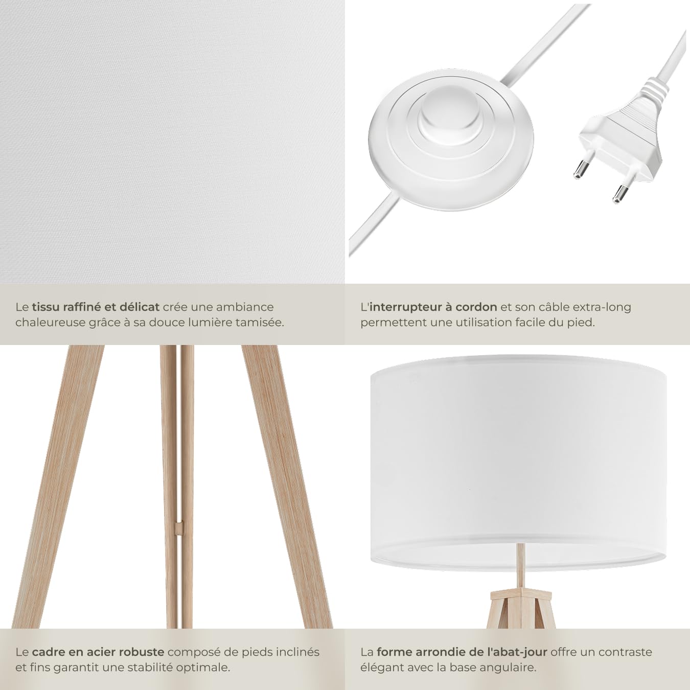 tectake® Lampadaire sur pied salon Lampe sur pied Lampe salon, Luminaire salon moderne Lampe Design scandinave industriel pour Lumière cosy salon, bureau, chambre enfants, lit, chambre - Marron chêne