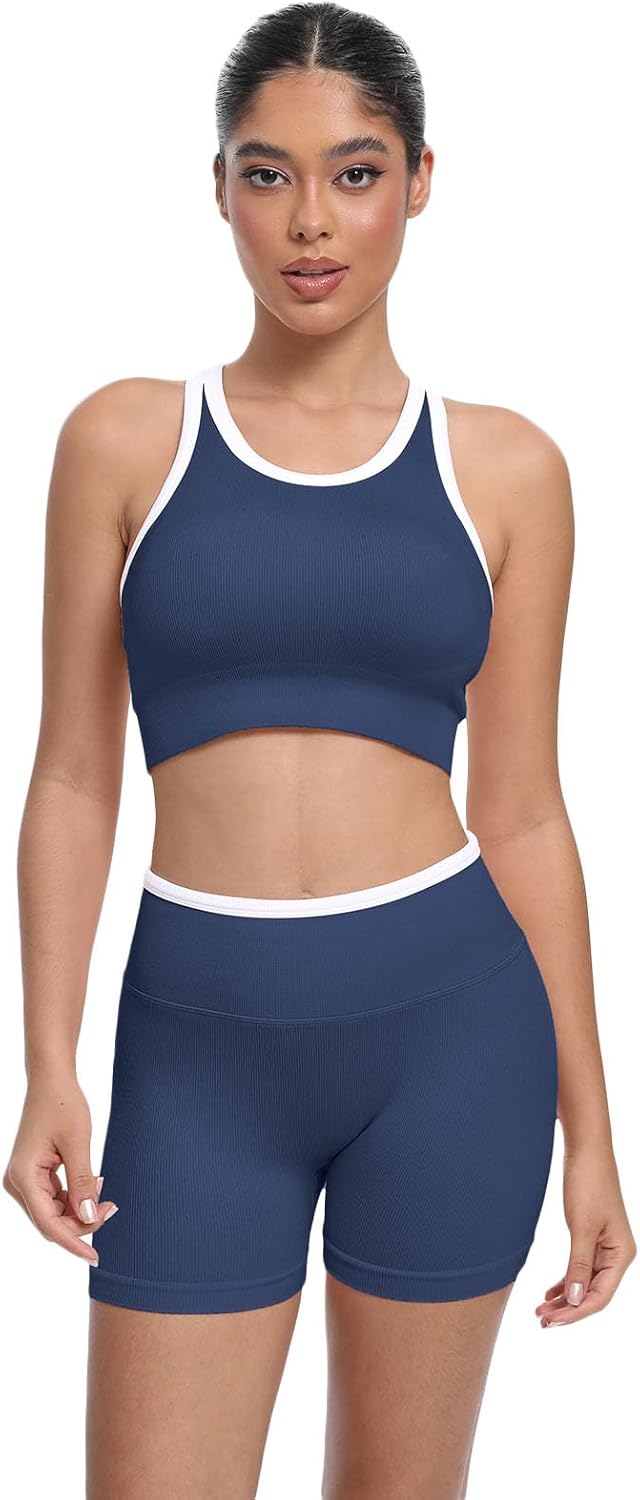 2 Piece Workout Sets for Women Seamless Ribbed Padded Sport Bra High Waisted Yoga Shorts Matching Gym Outfits