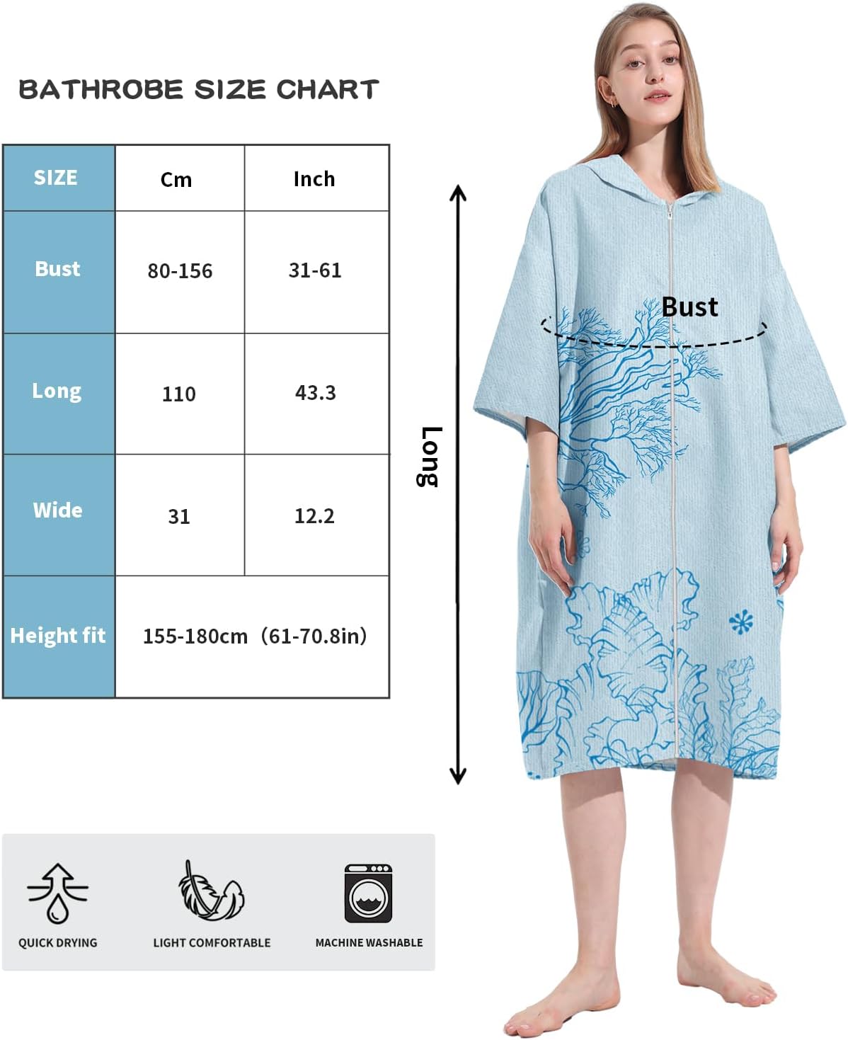 Beach Cover Up Robe Home Outdoor Travel Fashion Hooded Zip Front Bathrobe Tropical Print Swimsuit Cover Up 3/4 Sleeve - Image 3