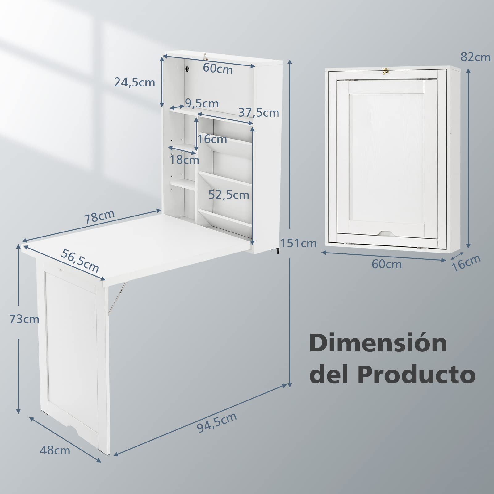 COSTWAY Escritorio Plegable de Pared, Estantes Ajustables, Mesa Plegable Pared para Ordenadores Portátiles Que Ahorra Espacio, Mesa Plegable de Comedor 60 x 94,5X 151cm