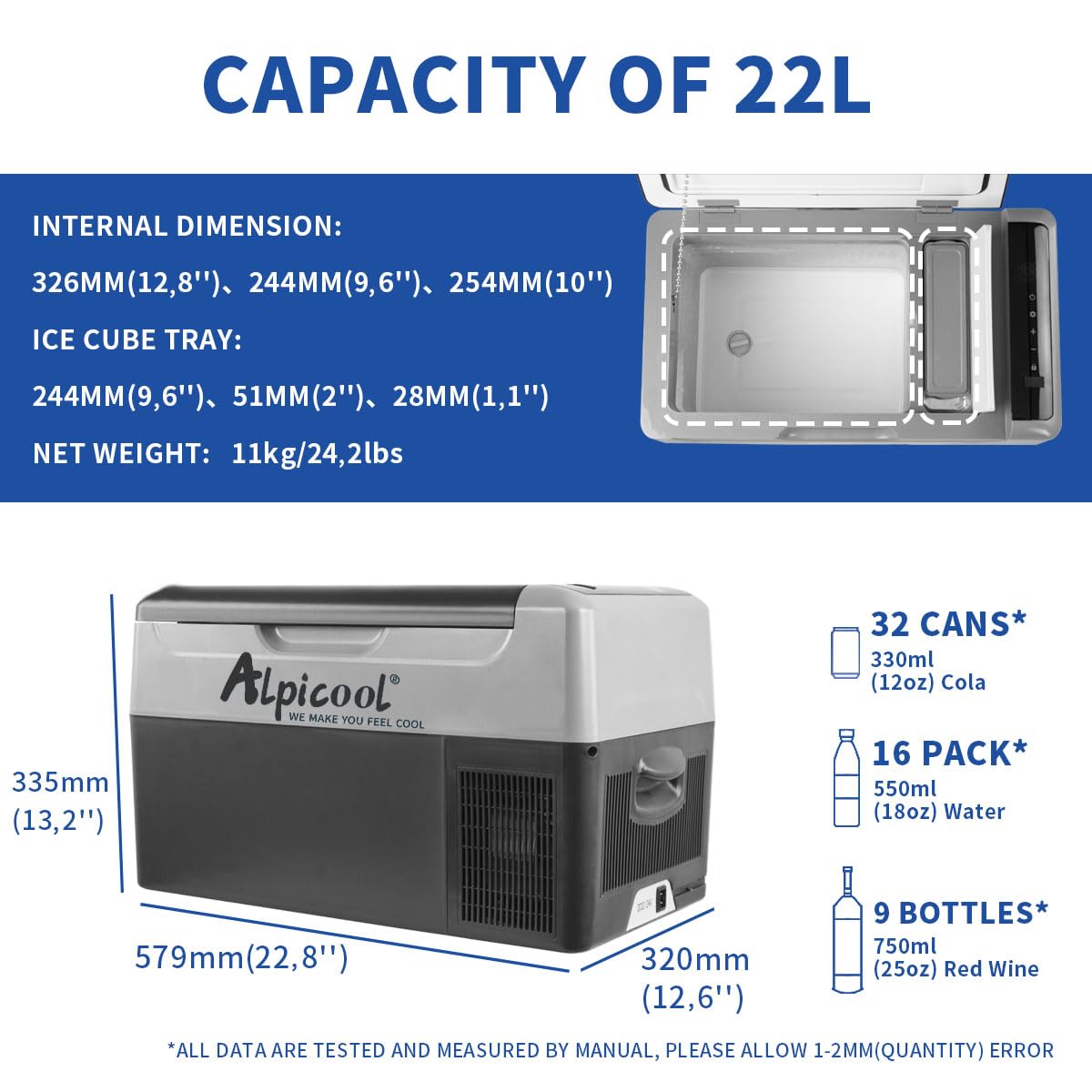 Alpicool G22 22L Kompressor Kühlbox Mini Kühlschrank Elektrische Tragbare Camping-Kühlbox Gefrierbox 12/24v für Auto, Lkw, Boot, -20℃-20℃