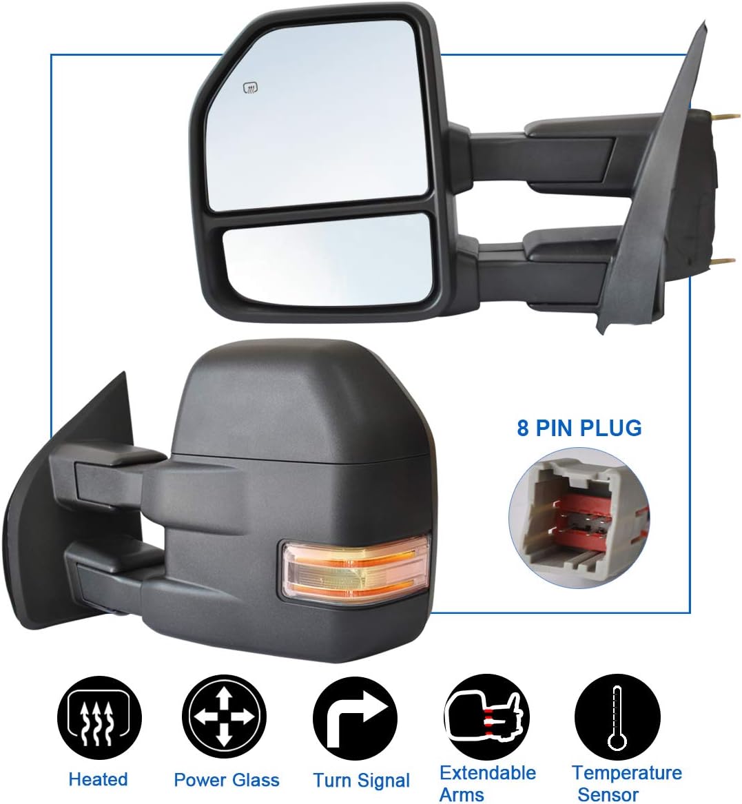 JZSUPER Towing Mirrors fit for Ford F150 Pickup Truck 2015 2016 2017 2018 2019 2020, Power Heated with Turn Signal Temperature Sensor 8 Pin Plug