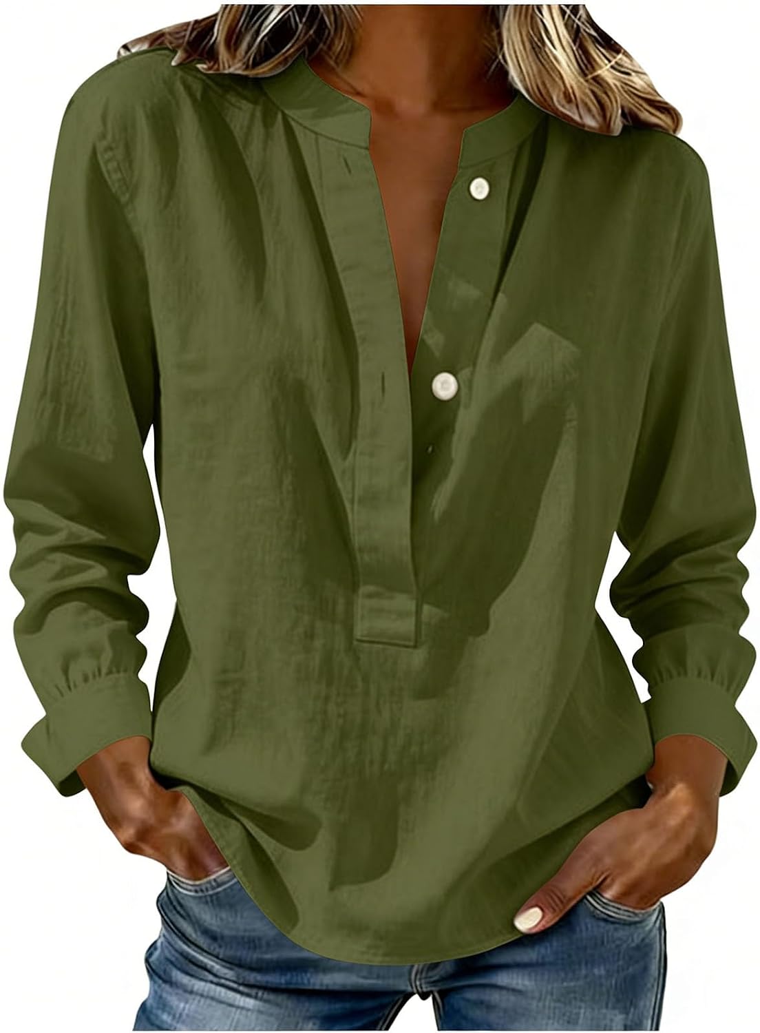 Button V Neck Shirts for Women Long Sleeve Linen Cotton Gauze Tops Dressy Casual Loose Business Work Blouses