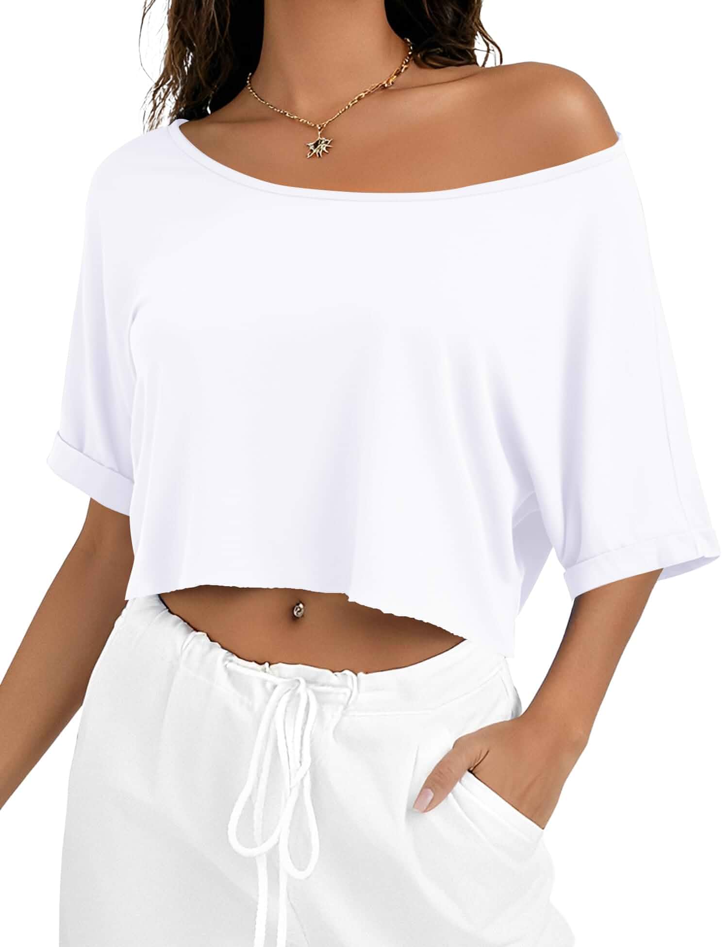 Kistore Off Shoulder Tops for Women Going Out Short Sleeve Cropped T Shirts Summer Trendy Tops, Crop Top For Women, Boat Neck Loose T Shirt, Asymmetrical Tops, Roll Sleeve, Loose Fit, Raw-Edge Hem
