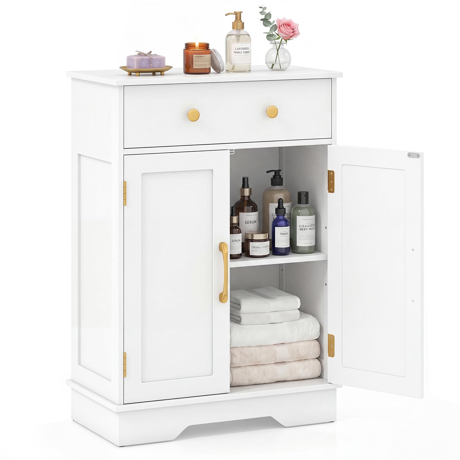 GIANTEX Bathroom Storage Cabinet with Doors & Drawer in White with Gold Handles