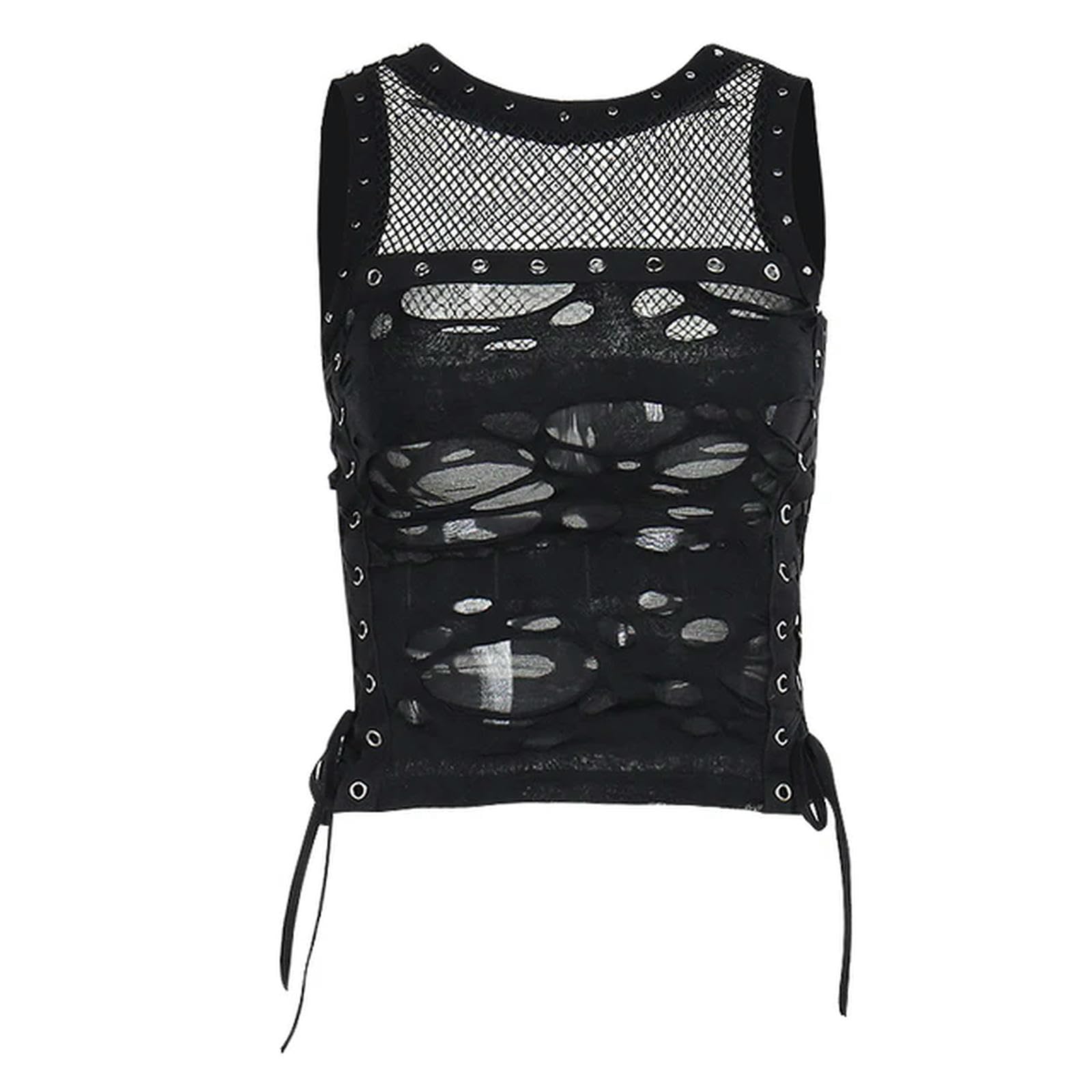 Débardeur gothique noir en maille évider avec lacets frontaux et œillets punk