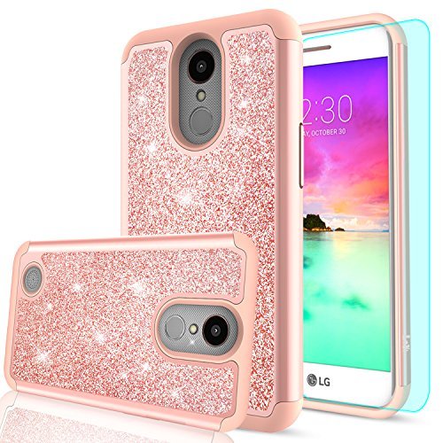 LeYi Compatible for LG K20 Plus case, LG K20 / LG K20 V/LG Harmony/LG K10 2017 / LG LV5/ LG Grace Case with 2PCS Tempered Glass Screen Protector, Glitter Bling Girls Women Phone Case Rose Gold