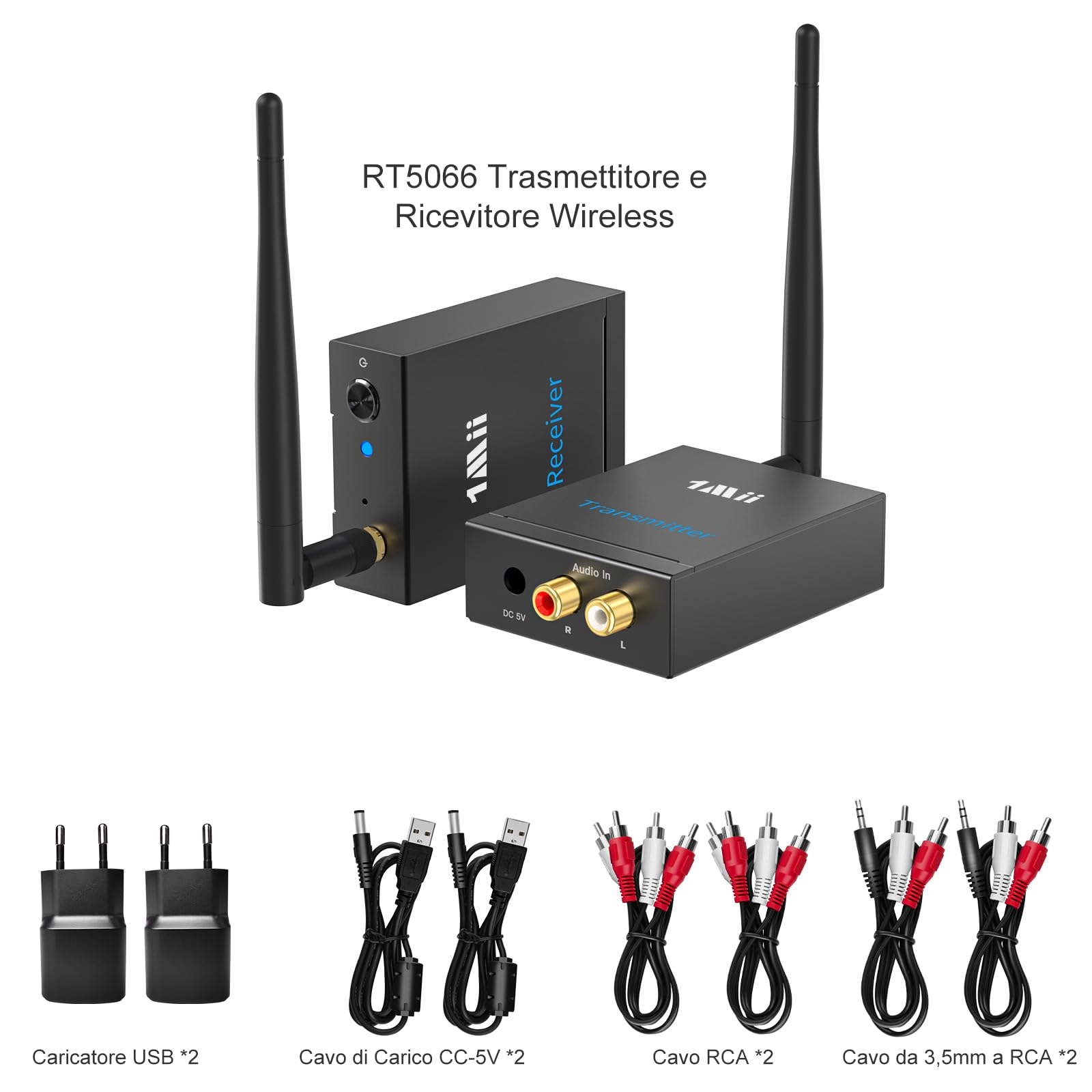 1Mii Trasmettitore Ricevitore Audio Wireless HiFi per TV(1 TX + 1 RX), 2.4 GHz Adattatore Audio RCA Ingresso/Uscita, Lungo Raggio 100m Bassa Latenza per Musica da TV/PC a Subwoofer/Stereo/Casse Attivo