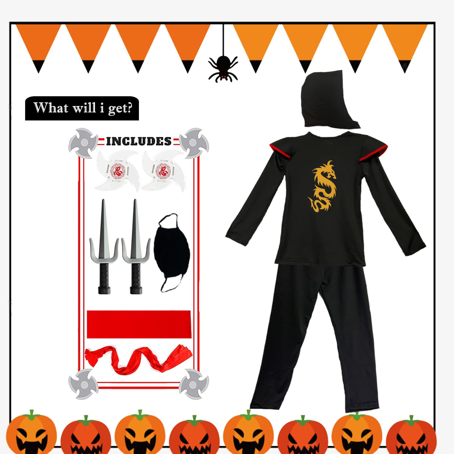 SATKULL Halloween Ninja Costumes for Kids Girls Ninja Costume Set Halloween Ninjas Party Dress Up(Kids-S-4/5T Black) - Image 4