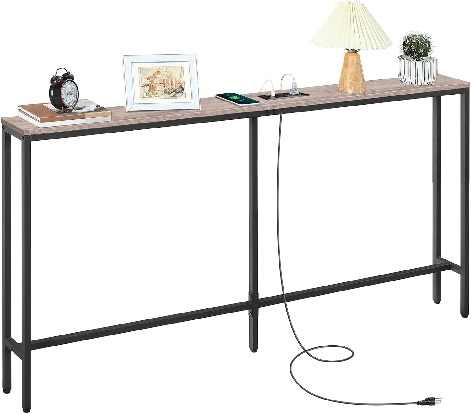MAHANCRIS Skinny Console Table with Power Outlets, 63" Narrow Sofa Table, Behind Couch Table with Charging Station, Sofa Hallway Table for Plants, Living Room CTHG165E01