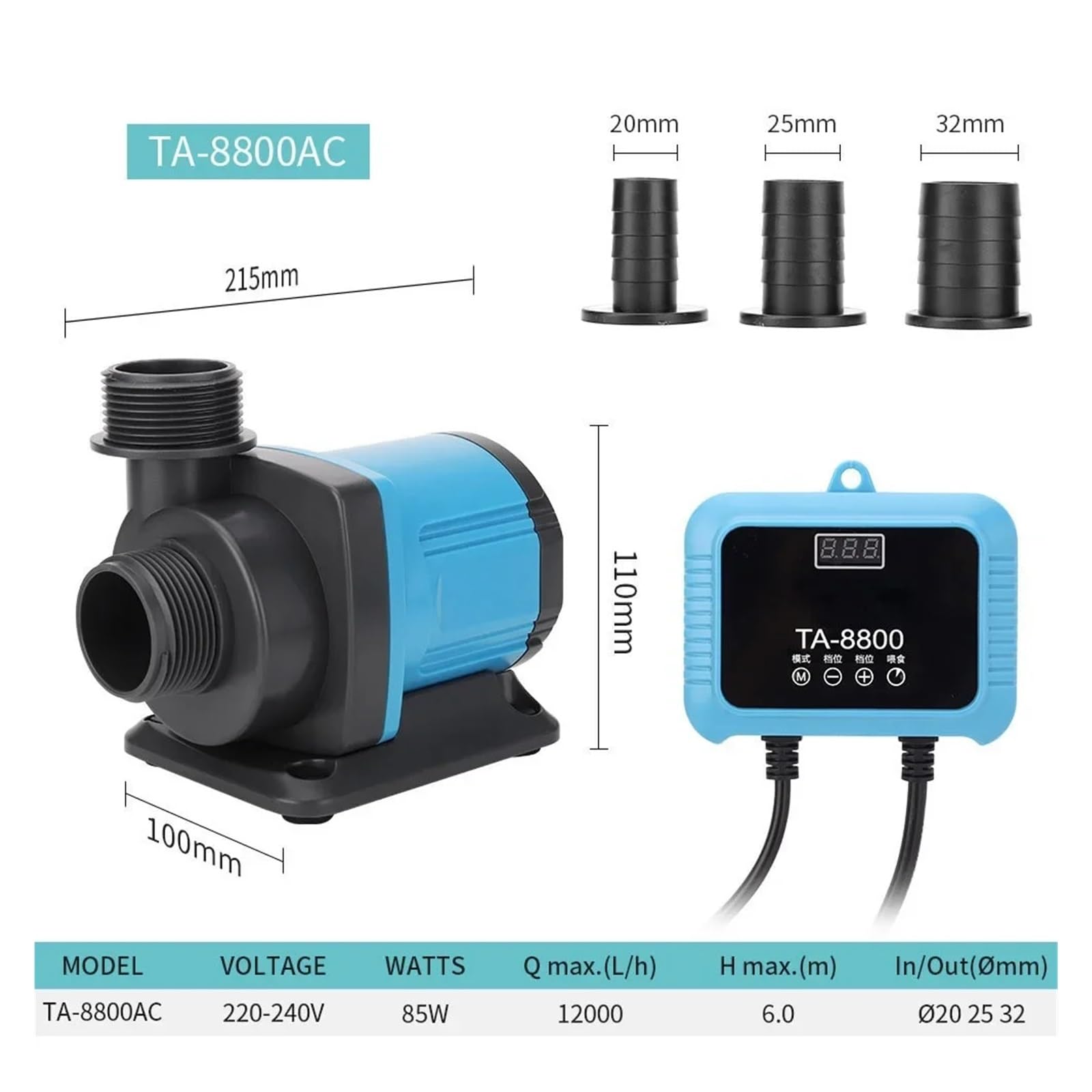 Industrial Water Pressure Diaphragm Pump Variable Frequency Adjustable Submersible Pump Large Flow Silent Circulation High Power Pumping Filter Pumps(TA-8800AC 85W)