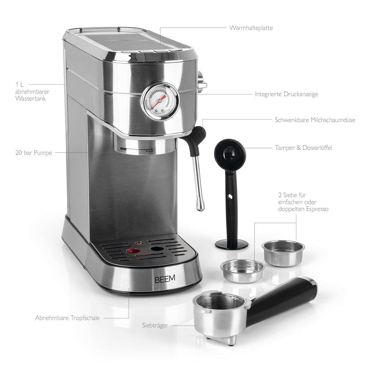 Beem Espresso Ultimate Siebträgermaschine aus Edelstahl in der Farbe Silber 20 bar, Maße: 31,2cm x 13,9cm x 30,4cm, 02032