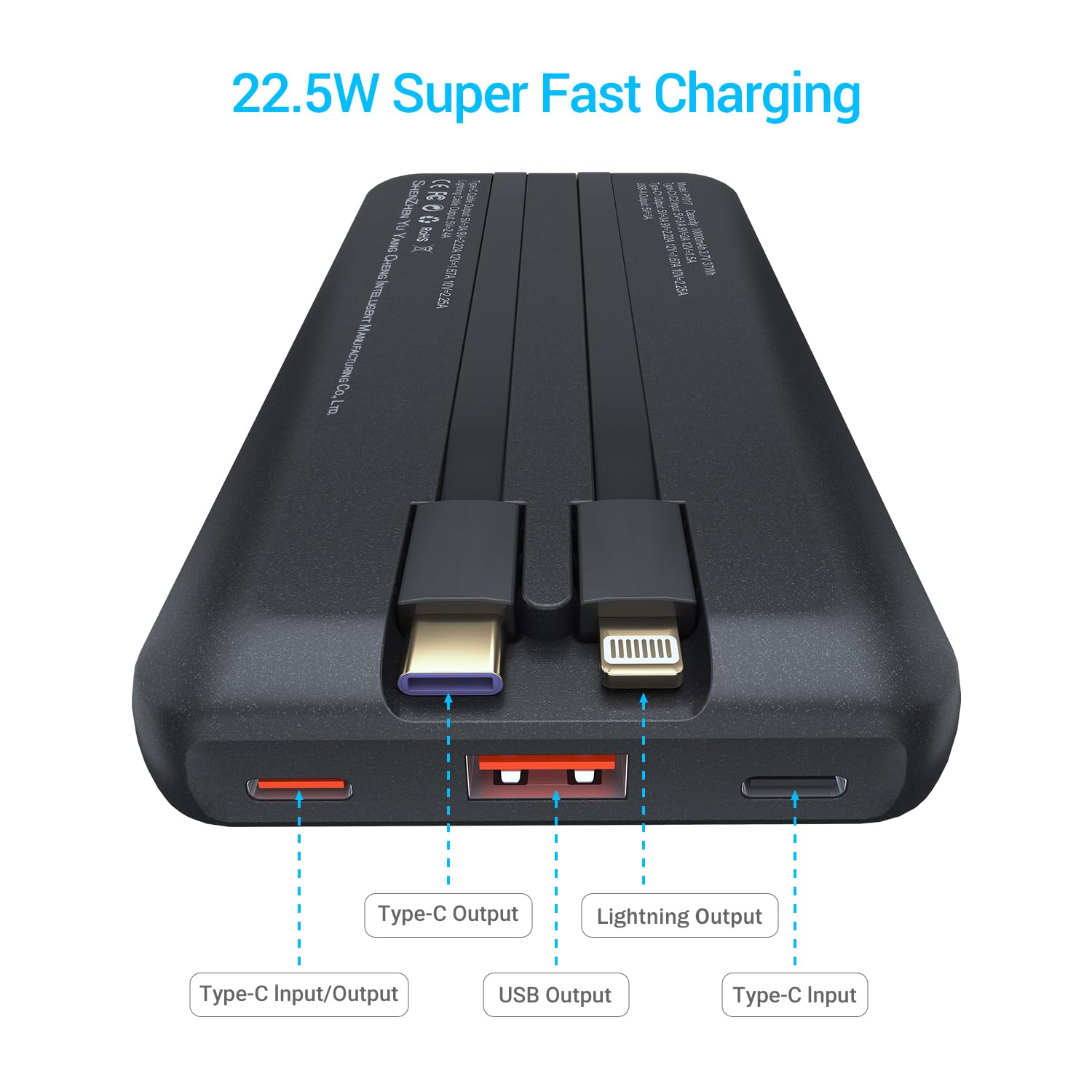Antteez Cargador portátil de 10,000 mAh, batería externa de carga rápida con cables integrados, batería de viaje USB C de 22,5 W, pantalla LED y 4 salidas, compatible con iPhone, Samsung, iPad