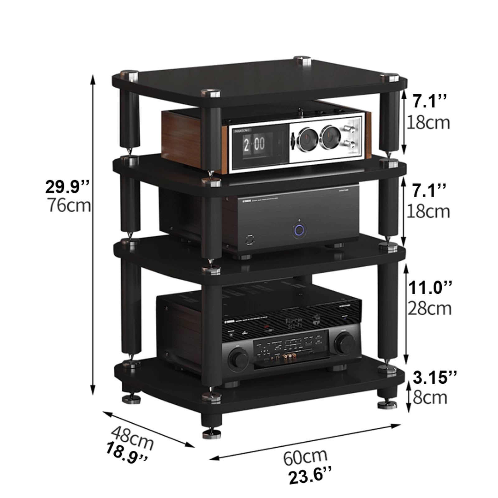 Stojak HiFi – 4-poziomowy drewniany stojak AV, wieża audio na CD i gramofon stereo, półka, narożna, kompatybilna z telewizorami i konsolami do gier (Rosso)