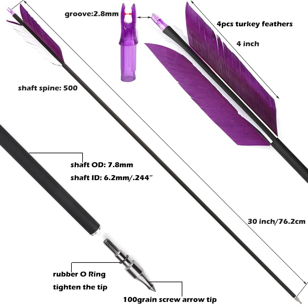 ZSHJGJR 30 Inch Archery Hunting Arrows Carbon Flu Flu Arrows Spine 500 Target Practice Arrows with 4pcs Turkey Feather Replaceable Arrowhead for Outdoor Hunting Shooting 6/12pcs