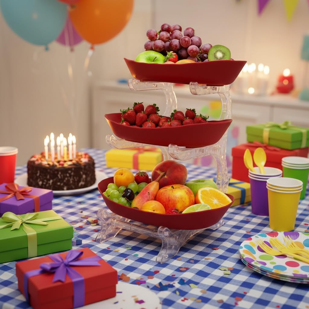 Fruit Bowl for Kitchen Counter, 3 Tier Plastic Serving Bowls with PP Stand, Tiered Fruit Basket for Fruits Vegetable Storage, Cake, Dessert, Nuts, Snack, Salad for Party Wedding image 3
