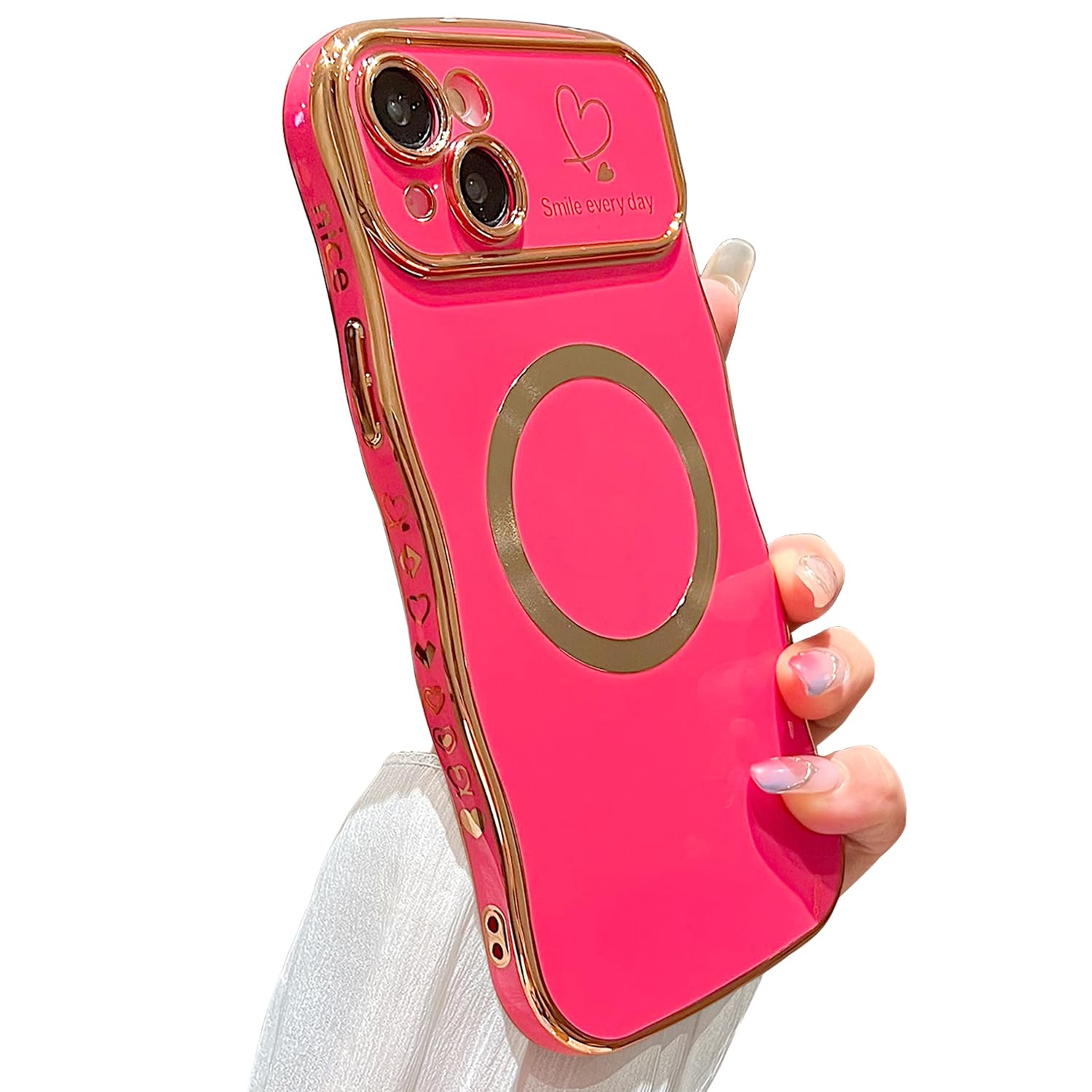 ZONRW for iPhone 14 Case Magnetic,for Women Girls Soft Cute Wave Frame Curly Shape Love Heart Luxury Plating Phone Case Compatible with MagSafe