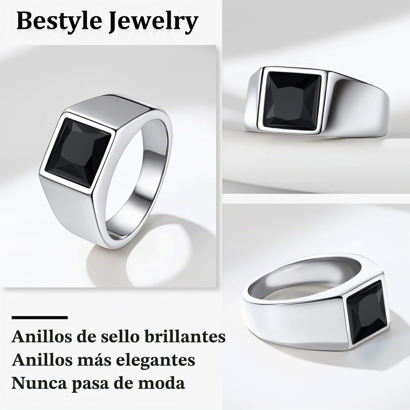 Bestyle Anillo de Sello Cuadrado Hombre Ancho 8mm Piedra Negro/Azul | Acero Inoxidable Personalizados Anillos para Mujer Hombre Tamaño 14.5-32.5