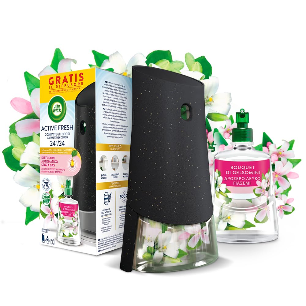 Airwick Active Fresh Lufterfrischer, Packung mit 1 automatischen Diffusor ohne Gas, 1 Nachfüllpackung mit Jasmin-Bouquet 228 ml, 2 AA-Batterien, neutralisiert Gerüche 24/7 Küche, Haushalt & Wohnen