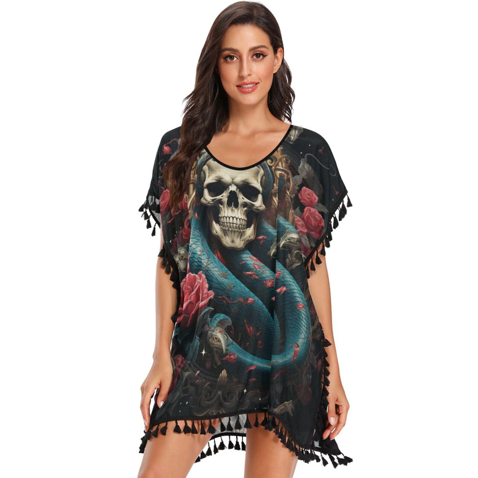 KAAVIYO Princess Snake Skull Rose Women's Beach Cover Up Chiffon Tassel Swimwear Swimsuit Coverups for Girl