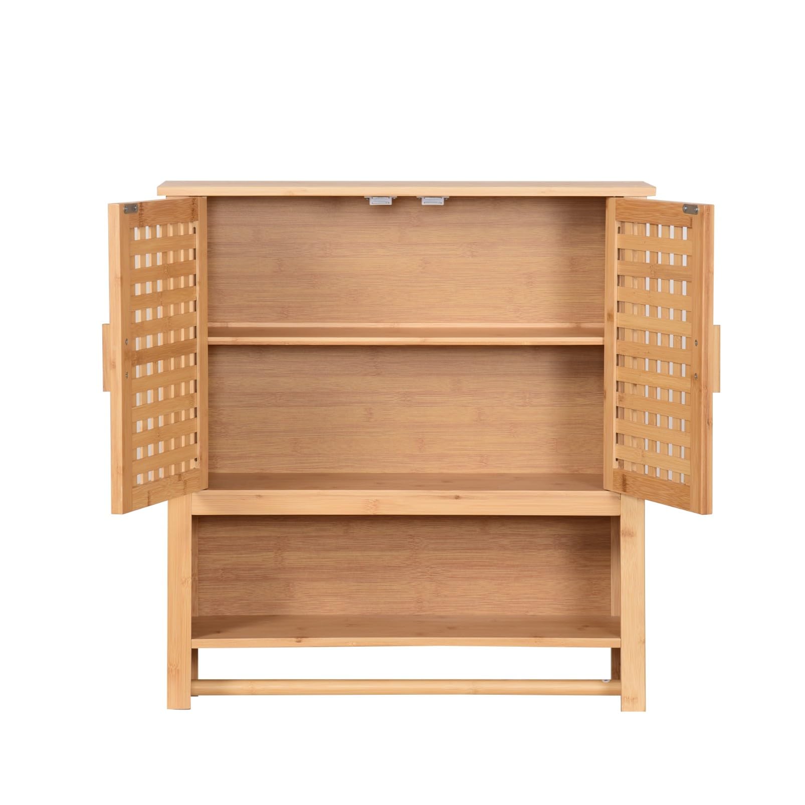 Hängeschrank aus Bambus fürs Badezimmer Wandschrank mit 2 Türen Handtuchhalter & Ablage Badschrank mit Regalfächern Platzsparend 66x62x20cm Natural (Land)