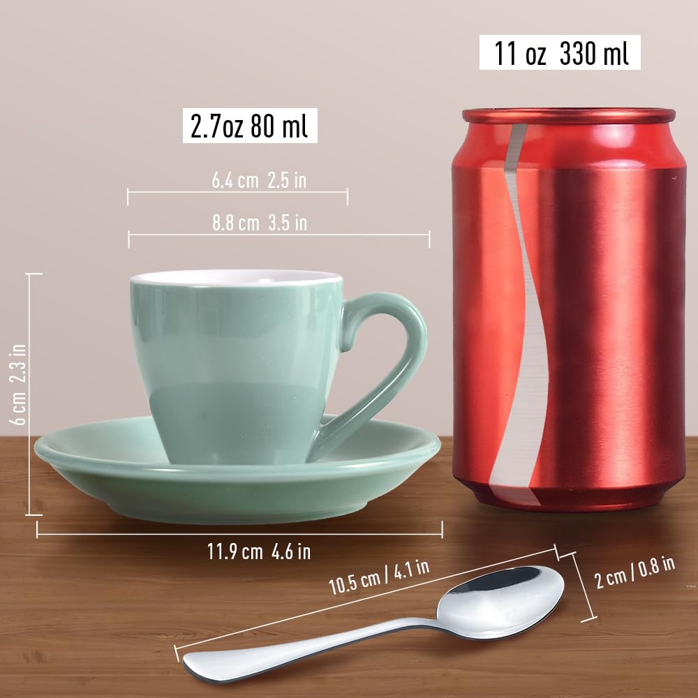 homEdge Juego de 4 tazas de café expreso de porcelana con platillos y cucharas, 80 ml, color verde menta