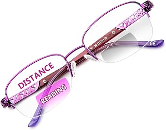 DEHOTRE Progressive Multifocal Reading Glasses Women No Line Bifocal Readers with Nose Pad Metal Half Frame Mid-Near Range