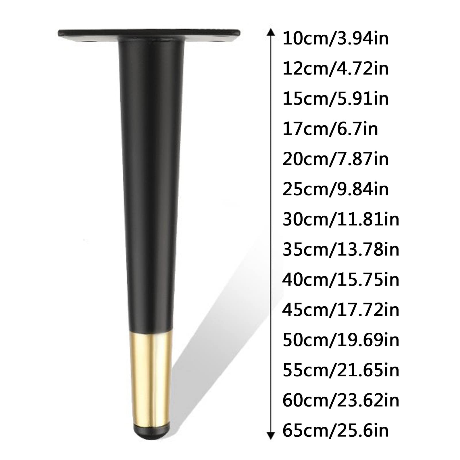 Zestaw 4 czarnych złotych stożkowych metalowych nóżek meblowych, 10 cm, wymienne nóżki na sofę, stół, kanapę, szafkę TV, fotel, stylowe akcesoria do samodzielnego wykonania