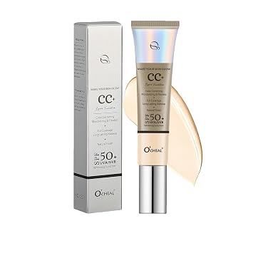 OCHEAL CC Foundation with SPF 50+, Full Coverage Moisturizer Color Correcting Cream Concealer Powder Foundation, Lightweight Waterproof Oil-Free Pre-makeup Primer for All Skin Types Ivory