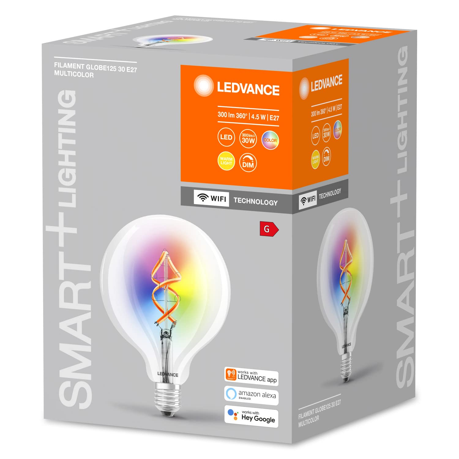 LEDVANCE Inteligentna żarówka LED z technologią Wifi, E27, RGB, kształt kuli, kolorowy żarnik jako nastrojowe światło, zamiennik żarówek 60 W, sterowana za pomocą Alexa, Google i aplikacji, 4 pak