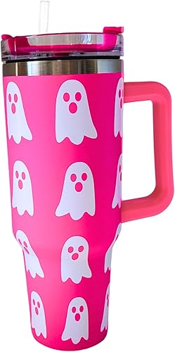 Lashicorn Modern Ghost - Vaso con asa de 40 onzas, con asa, para Halloween, otoño, con tapa y pajilla, color rosa y blanco, rosa intenso