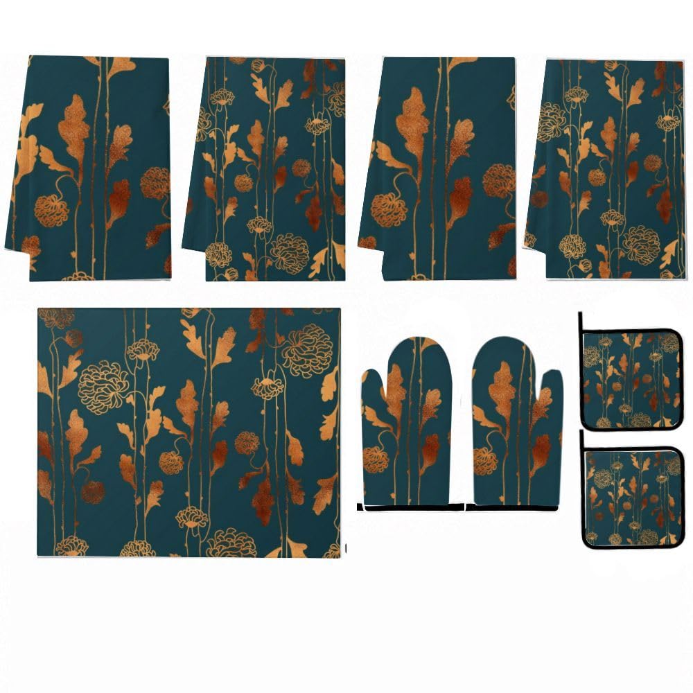 9PCS Golden Floral Wallpaper Cucina Decor e Accessori Set