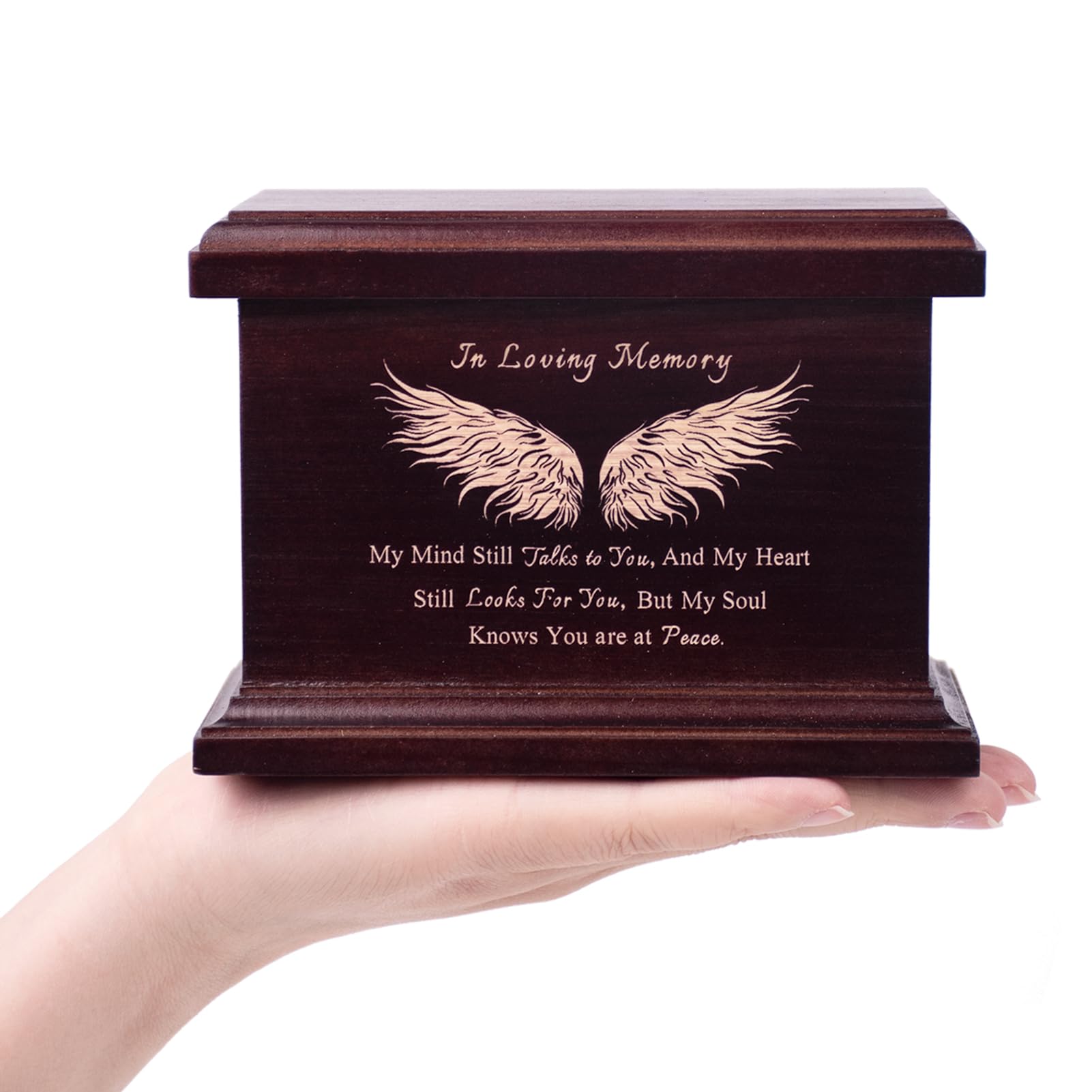 6 Inch Small Wooden Urn for Human Ashes - Keepsake Urn for Men & Women, Funeral Ashes Holder, Wooden Urn Box and Casket with Wing Design