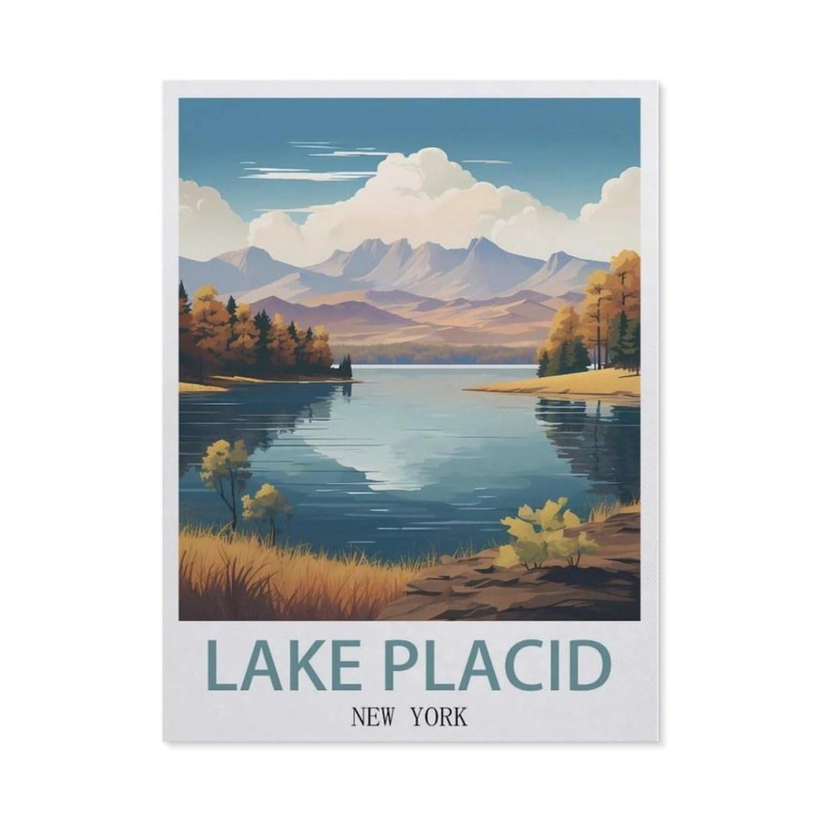 Beayodkp （50 X 60 Cm/19.68 X 23.62 Inches） 5D Diamond Painting Set For Adults And Children，Lake Placid New York Vintage Travel Poster，Diy Diamond Crystal Rhinestone Embroidery Painting-Cd92